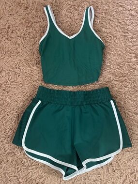 Green Athletic Tank & Shorts Set with White Trim